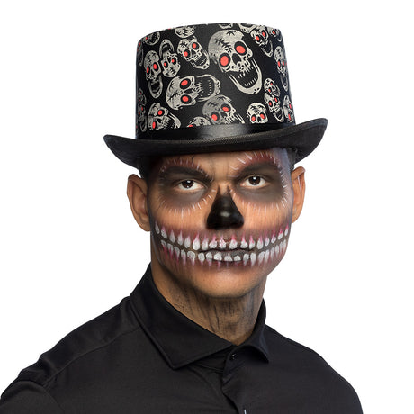 Halloween skull hat for adults made of 100% polyester with blinking feature, perfect for skeleton and dungeon themed costumes.