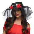 Black women's Halloween hat with veil, inspired by Day of the Dead, made of polyester, polystyrene, and polyurethane, adult size.