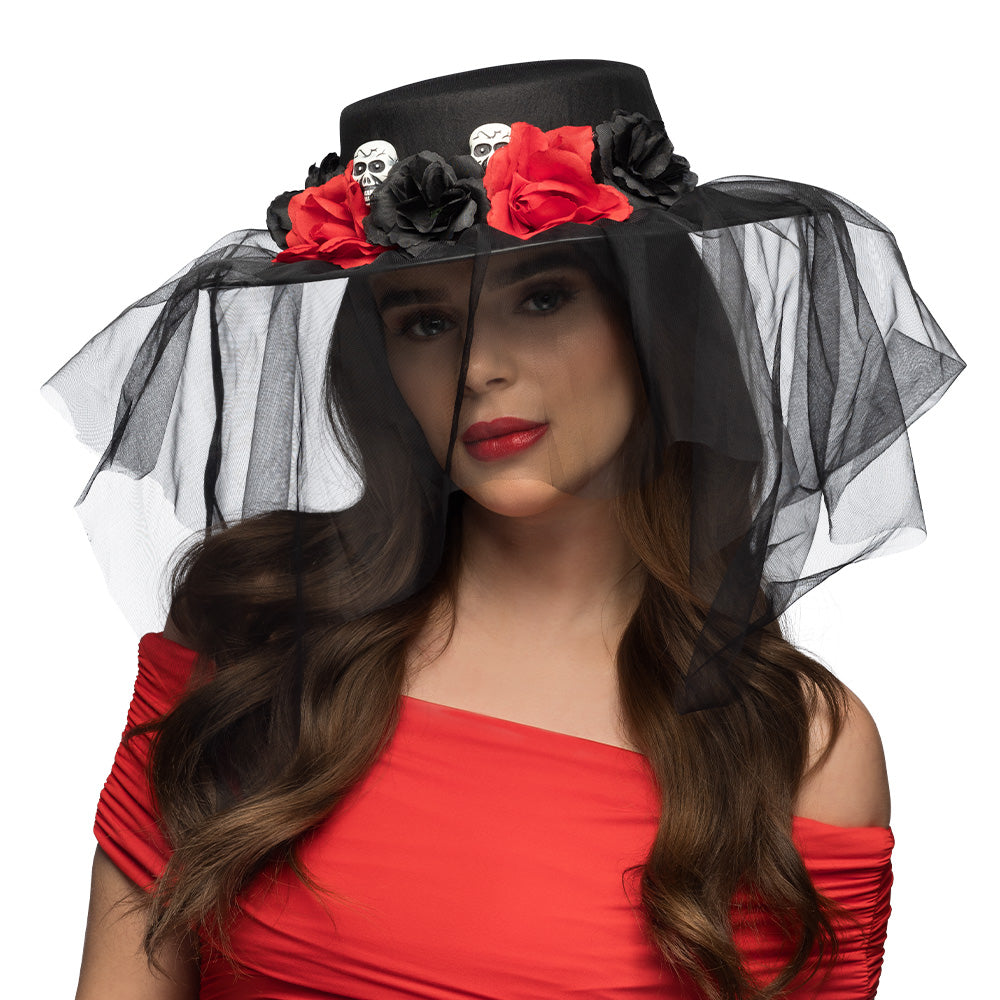 Black women's Halloween hat with veil, inspired by Day of the Dead, made of polyester, polystyrene, and polyurethane, adult size.