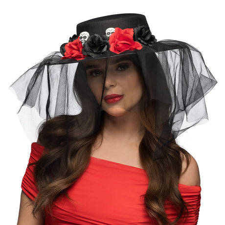 Black women's Halloween hat with veil, inspired by Day of the Dead, made of polyester, polystyrene, and polyurethane, adult size.