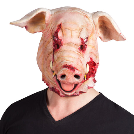Bloody pig latex mask for adults, realistic horror Halloween costume accessory.