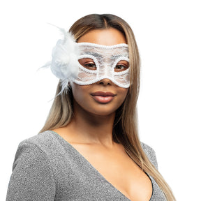 White lace masquerade mask for women with mystic design, featuring polyester, PVC, cock feathers, and elastane, perfect for Halloween or costume parties.