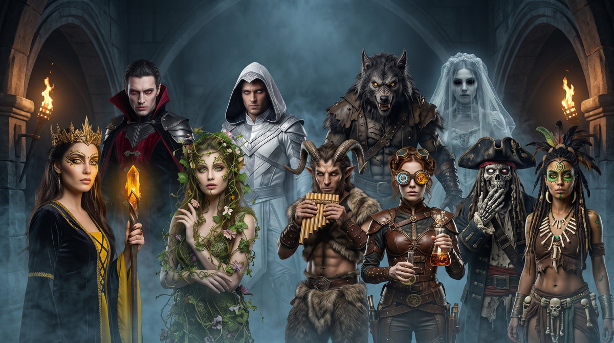 Personnages fantastiques d’Halloween aux regards colorés dans un décor gothique