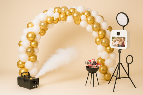 Arche de ballons, machine à fumée, photo-booth
