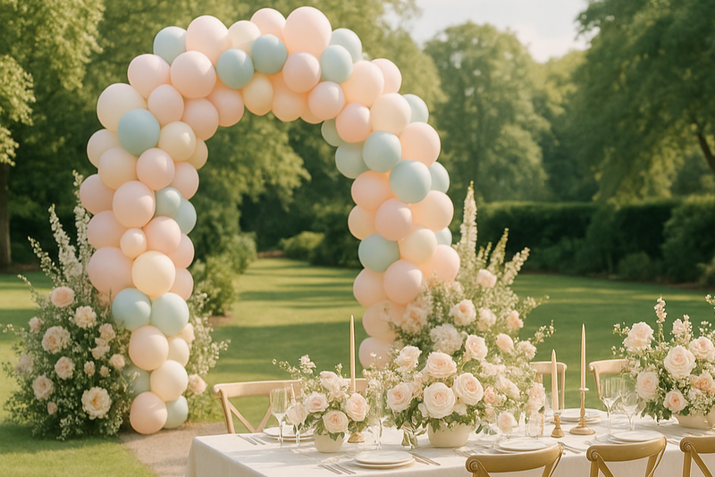 Grand jardin avec arche de ballons pastel et décor floral élégant pour mariage ou gala privé, table décorative dressée pour réception, ambiance romantique et haut de gamme, style minimaliste chic, aucun invité, rendu artistique réaliste, horizontal 16:9