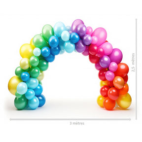 The image shows a large balloon arch, likely intended for party decoration, composed of various colored balloons arranged in a festive arch shape.