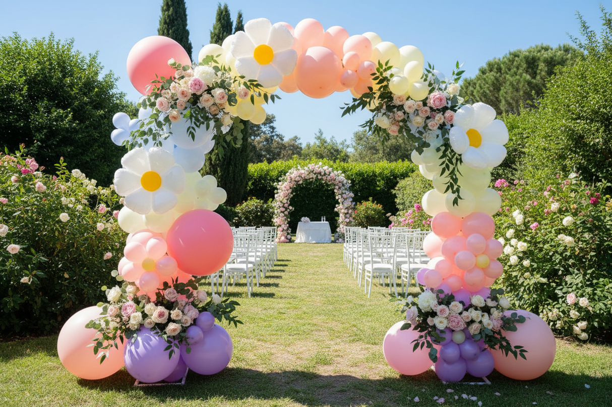 Arche de ballons pastel avec fleurs fraîches pour mariage en extérieur