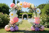 Arche de ballons pastel avec fleurs fraîches pour mariage en extérieur