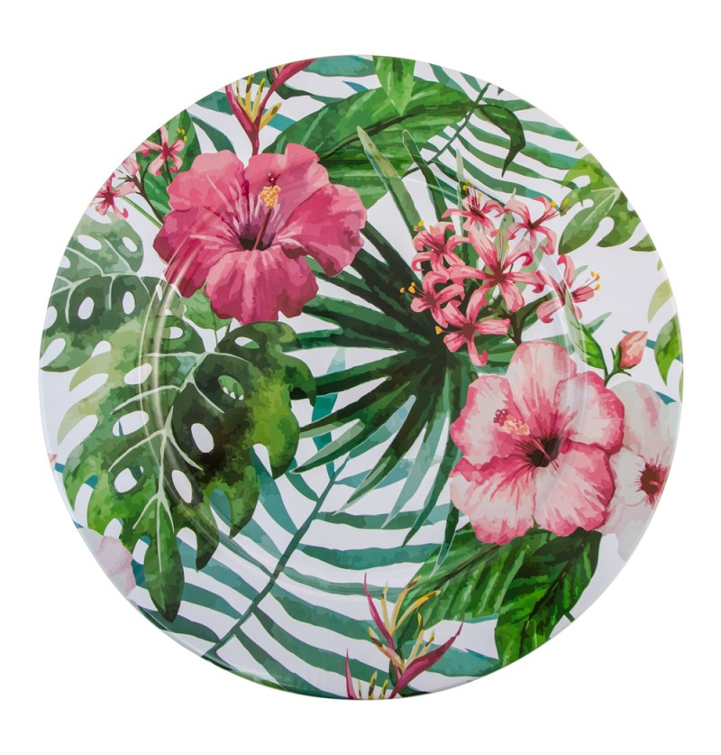 The image shows a decorative party plate with a tropical floral design, featuring vibrant flowers and green leaves on a white background.