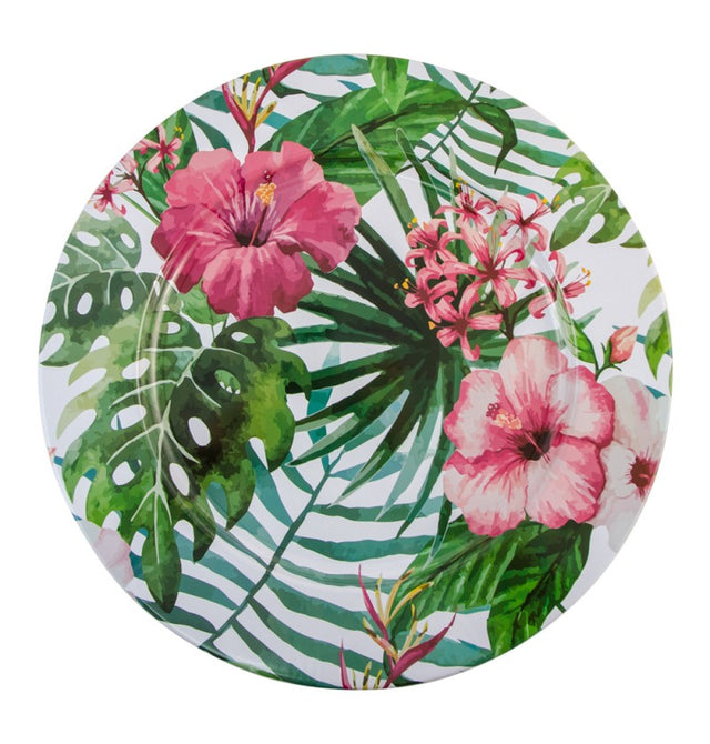 The image shows a decorative party plate with a tropical floral design, featuring vibrant flowers and green leaves on a white background.