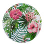 The image shows a decorative party plate with a tropical floral design, featuring vibrant flowers and green leaves on a white background.