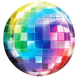 The image shows a large disco ball balloon with a multicolored, reflective surface, designed to resemble a classic disco ball, suitable for party decoration.