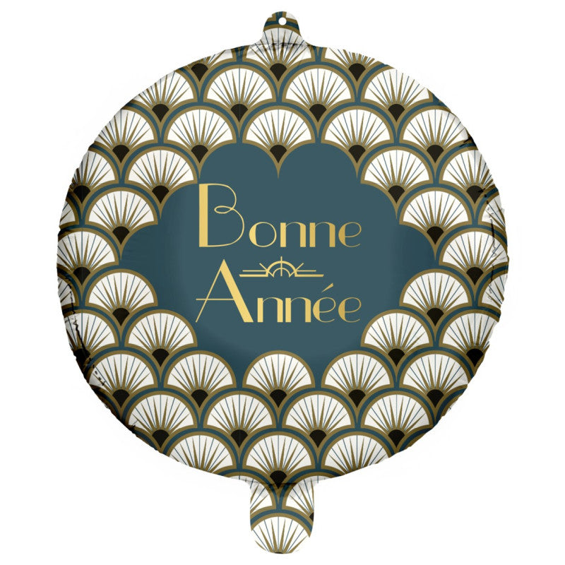 The image shows a round foil balloon with a "Bonne Année" (Happy New Year) message in French, featuring a blue and gold Art Deco flapper design.