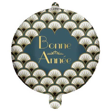 The image shows a round foil balloon with a "Bonne Année" (Happy New Year) message in French, featuring a blue and gold Art Deco flapper design.
