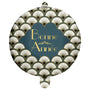 The image shows a round foil balloon with a "Bonne Année" (Happy New Year) message in French, featuring a blue and gold Art Deco flapper design.