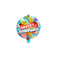 The image shows a blue foil balloon with the French text "Joyeux Anniversaire" (Happy Birthday) and a candy motif, designed for birthday celebrations.