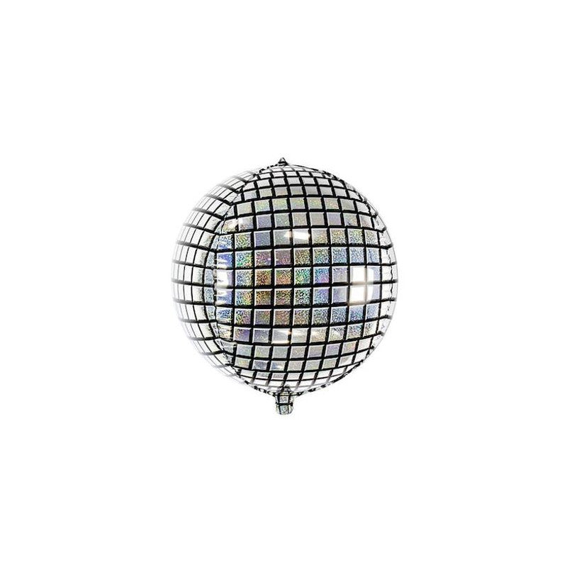 The image shows a silver disco ball foil balloon, approximately 50 cm in size, designed to resemble a classic disco ball.