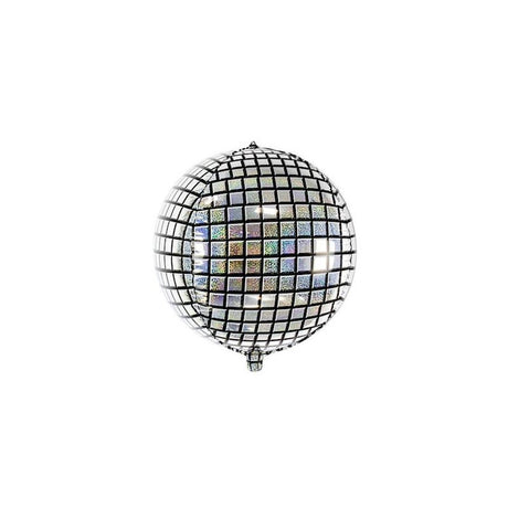 The image shows a silver disco ball foil balloon, approximately 50 cm in size, designed to resemble a classic disco ball.