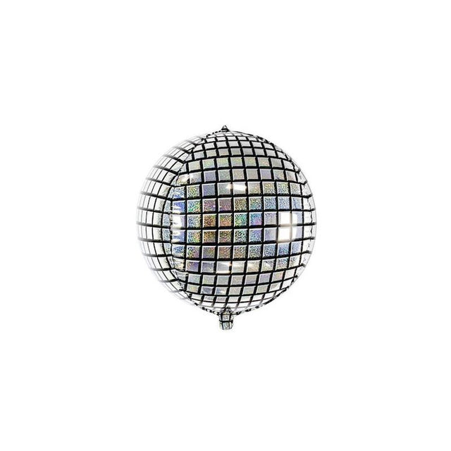 The image shows a silver disco ball foil balloon, approximately 50 cm in size, designed to resemble a classic disco ball.