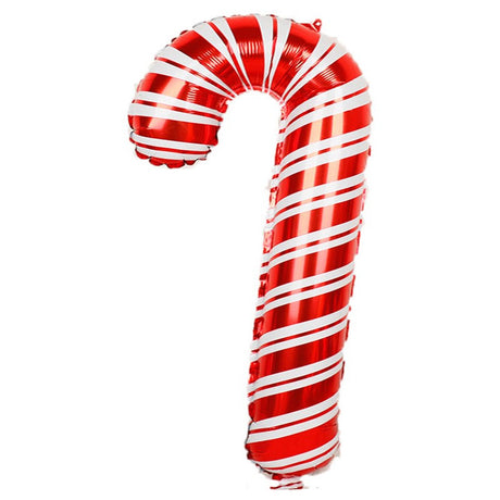 The image shows a large foil balloon shaped like a candy cane, featuring red and white stripes, commonly associated with Christmas and festive parties.