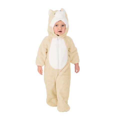 The image shows a baby wearing a fox-themed costume, designed for infants aged 6-12 months. The costume features a hood with fox ears and a face, as well as a matching orange and white bodysuit