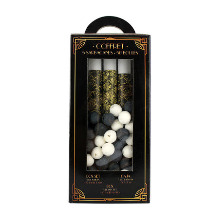 The image shows a party-themed product box labeled "Art Déco" containing 5 blowpipes (sarbacanes) and 50 small balls, designed for party games or activities.