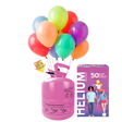 The image shows a helium gas bottle intended for inflating balloons, with clear labeling and a party-related design.