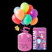 The image shows a helium gas bottle intended for inflating balloons, with clear labeling and a party-related design.