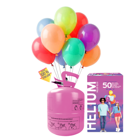 The image shows a helium gas bottle intended for inflating balloons, with clear labeling and a party-related design.