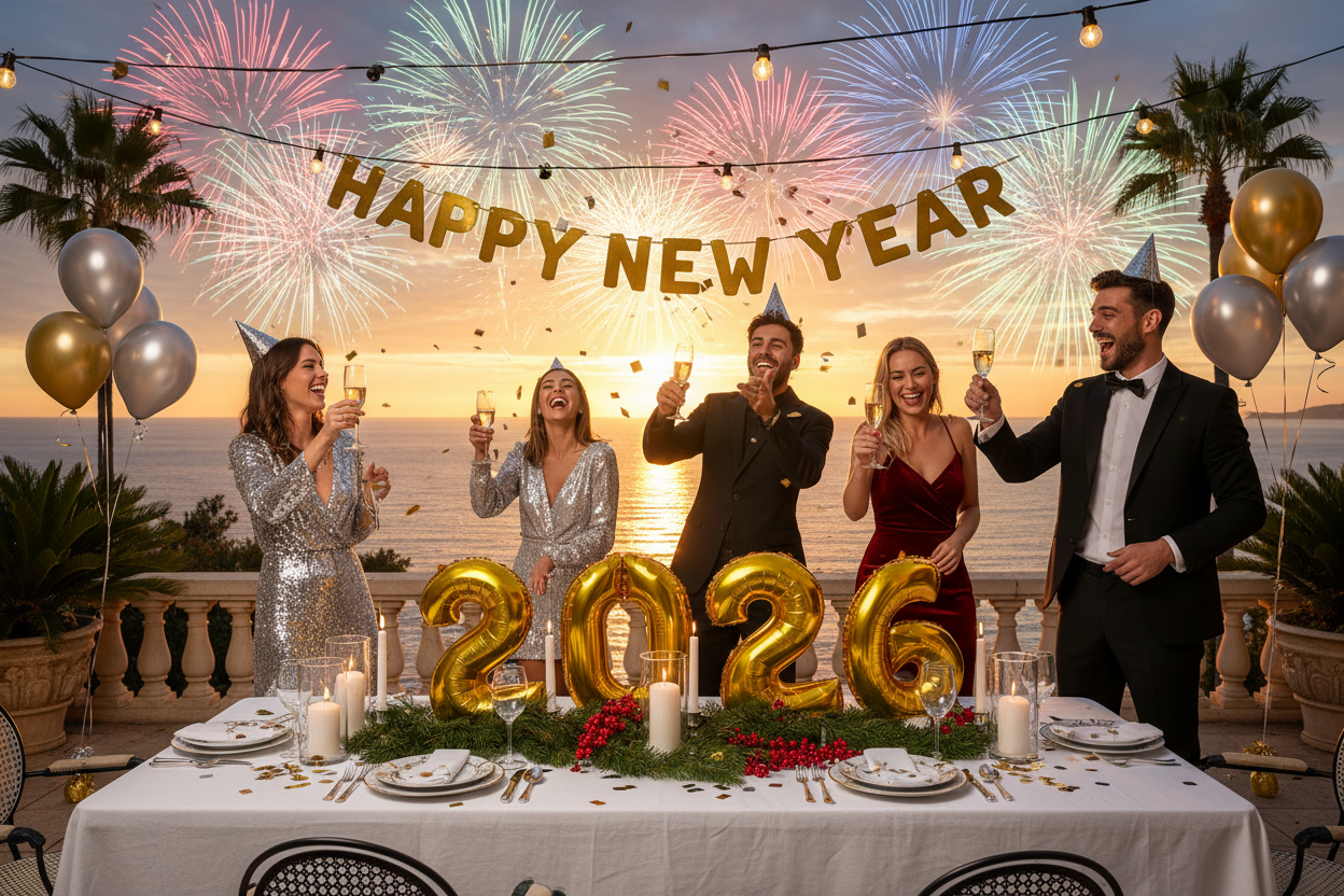 Célébration du Nouvel An 2026 sur la Côte d'Azur - Groupe d'amis en costumes festifs Gatsby et disco autour d'une table décorée pour Noël avec ballons dorés, guirlandes lumineuses et feux d'artifice - Idéafête