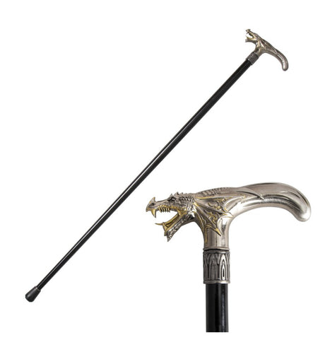 The image shows a metallic dragon-themed cane, approximately 93 cm in length, designed as a party accessory or costume prop.