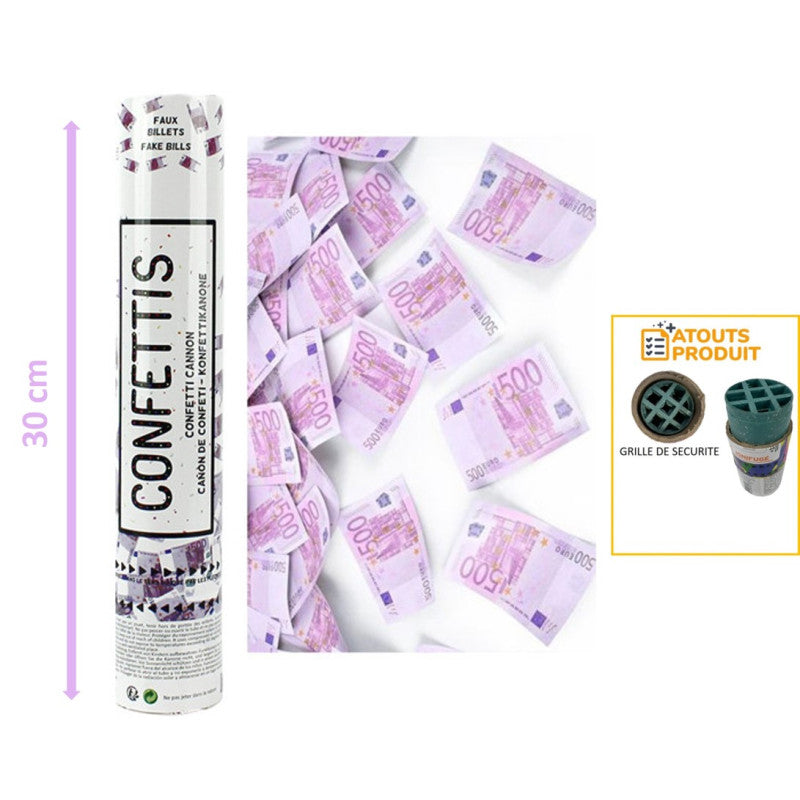 The image shows a 30 cm confetti cannon designed for parties, with confetti pieces resembling miniature €500 banknotes.