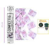 The image shows a 30 cm confetti cannon designed for parties, with confetti pieces resembling miniature €500 banknotes.