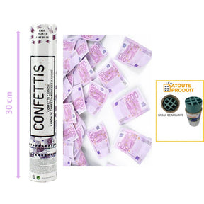 The image shows a 30 cm confetti cannon designed for parties, with confetti pieces resembling miniature €500 banknotes.