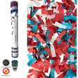 The image shows a confetti cannon with blue, white, and red paper confetti, likely intended for festive or celebratory events.