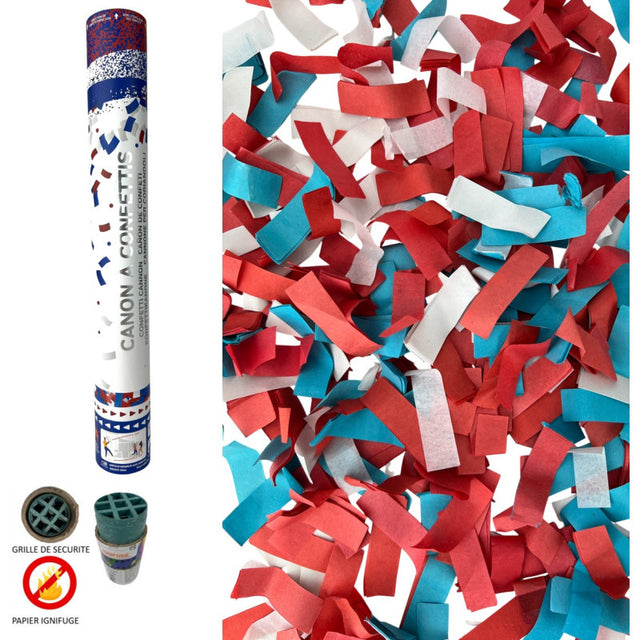 The image shows a confetti cannon with blue, white, and red paper confetti, likely intended for festive or celebratory events.