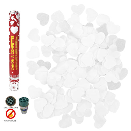 The image shows a 40 cm confetti cannon designed for parties, specifically featuring white paper heart-shaped confetti.
