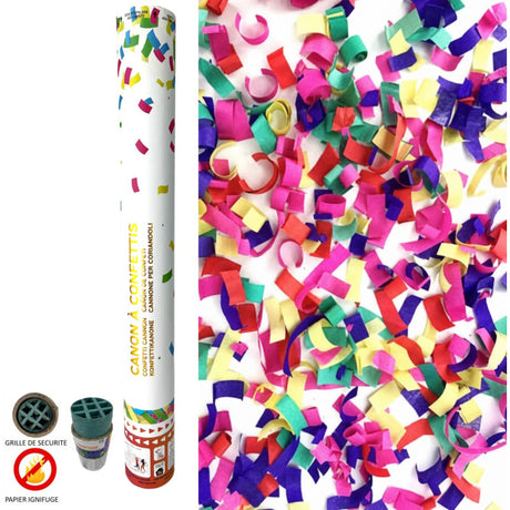 The image shows a confetti cannon with multicolored paper confetti, designed for party celebrations.