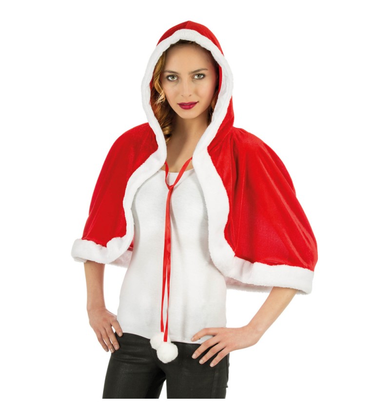 The image shows a person wearing a red cape with a hood, trimmed with white faux fur, styled as a "Miss Santa" costume.