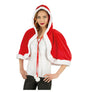 The image shows a person wearing a red cape with a hood, trimmed with white faux fur, styled as a "Miss Santa" costume.