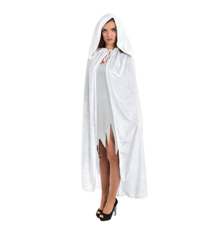 The image shows a long, white velvet cape with a hood, designed for costume or party use.
