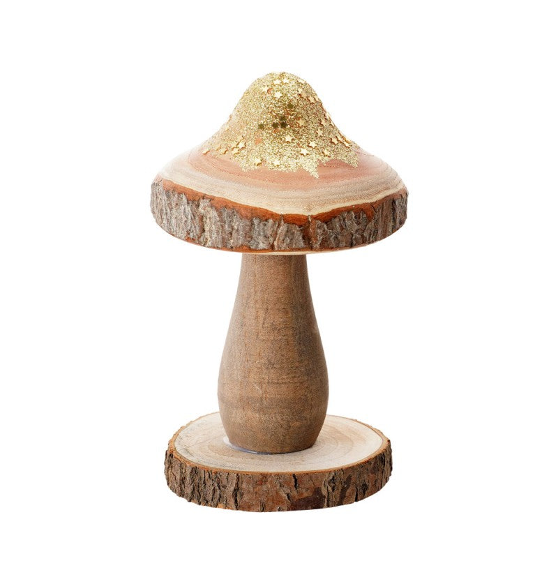 The image shows a decorative gold-glittered mushroom ornament on a wooden base, likely intended as a party decoration.