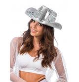 The image shows a silver cowboy hat designed with a disco ball effect, featuring a shiny, reflective surface and an interior elastic band for secure fit.