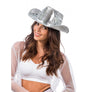 The image shows a silver cowboy hat designed with a disco ball effect, featuring a shiny, reflective surface and an interior elastic band for secure fit.