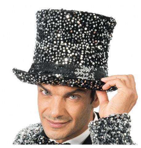Chapeau haut de forme velours noir à sequins bronze – soirées et cabaret