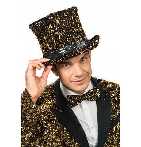 The image shows a black velvet top hat adorned with gold sequins, featuring an interior elastic band for secure fit.