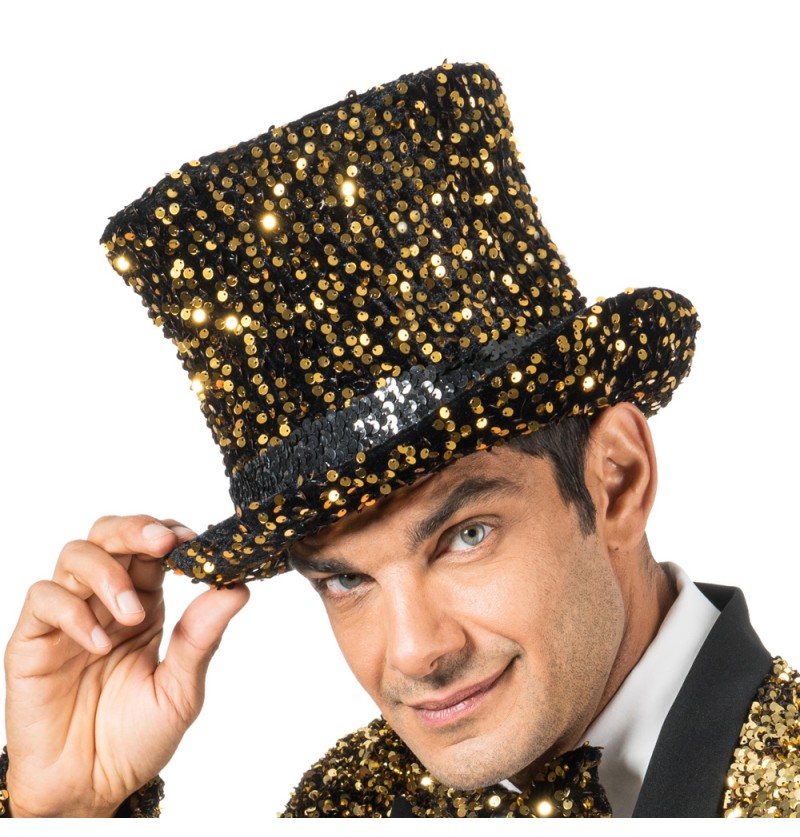 Chapeau haut de forme velours noir à sequins bronze – soirées et cabaret