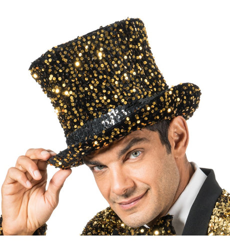 Chapeau haut de forme velours noir à sequins bronze – soirées et cabaret