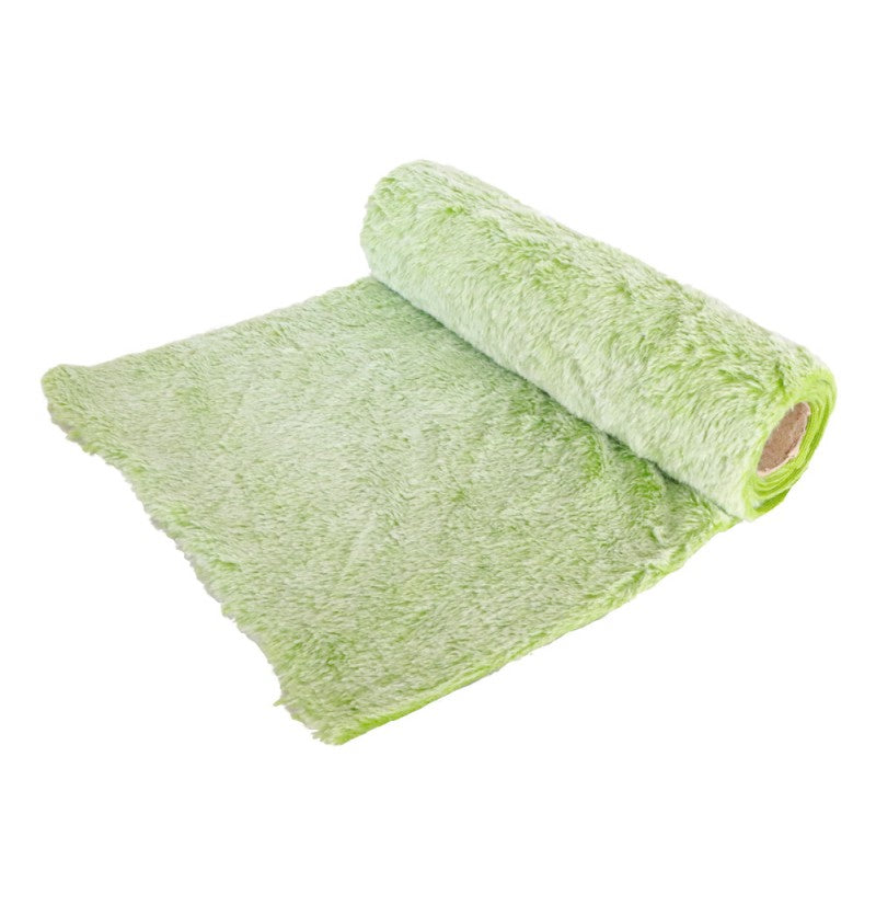 The image shows a green faux fur table runner, likely intended for decorative use at parties or events.