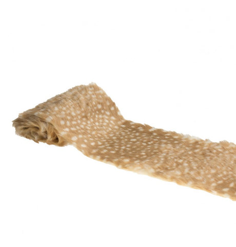 The image shows a party table runner made of faux fur with a brown and white suede-like appearance, measuring 20cm x 2m, laid out on a table.